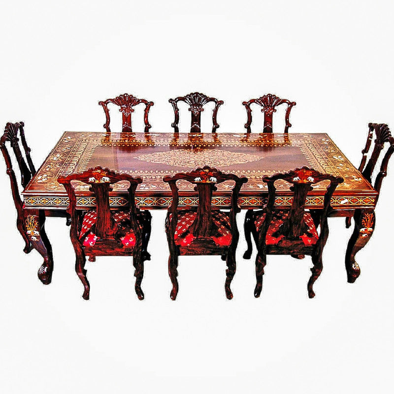 Teak Wood Dining Table Set with Inlay Work (FF005)